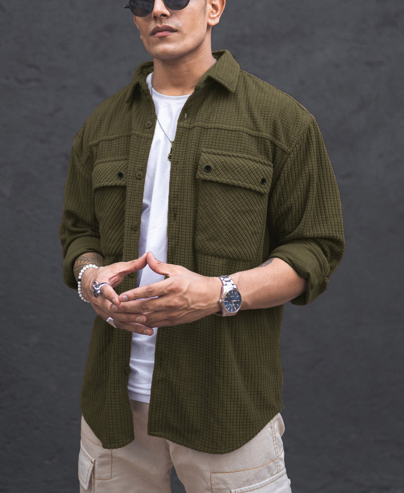 Olive Green Structured Knit Oversized Shirt.