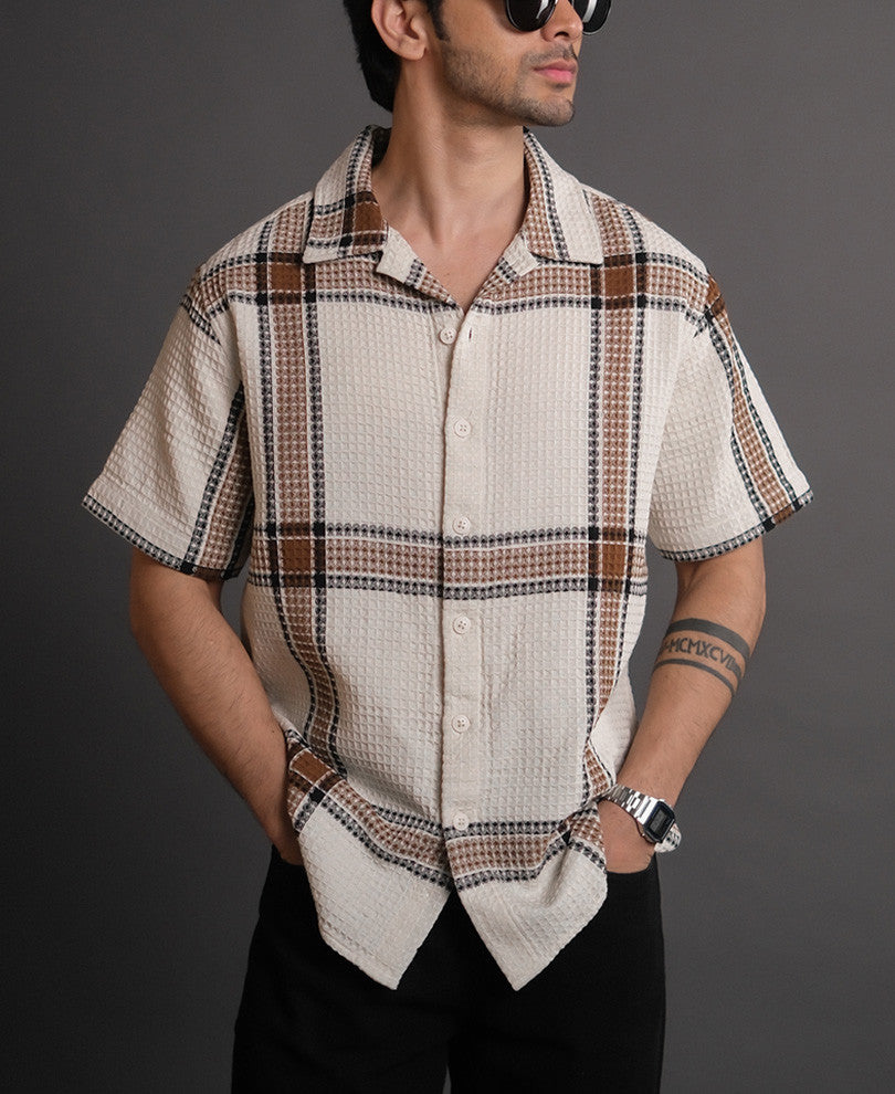 Off White and Brown Structured Checks Half Sleeves Shirt.