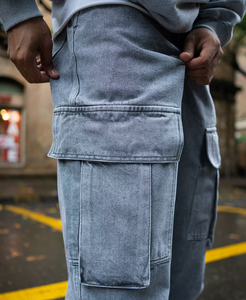 Charcoal Grey Baggy Fit Denim Jeans with Cargo Pockets.