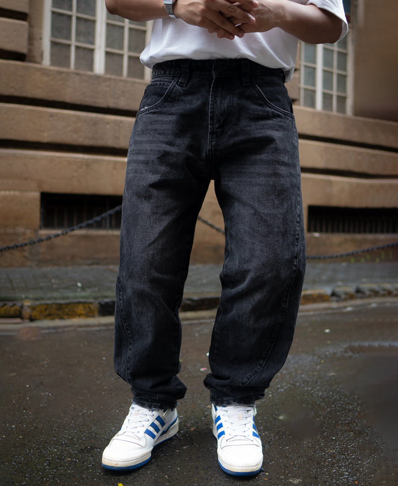 Black Carbon Wash Baggy Fit Denim Jeans.