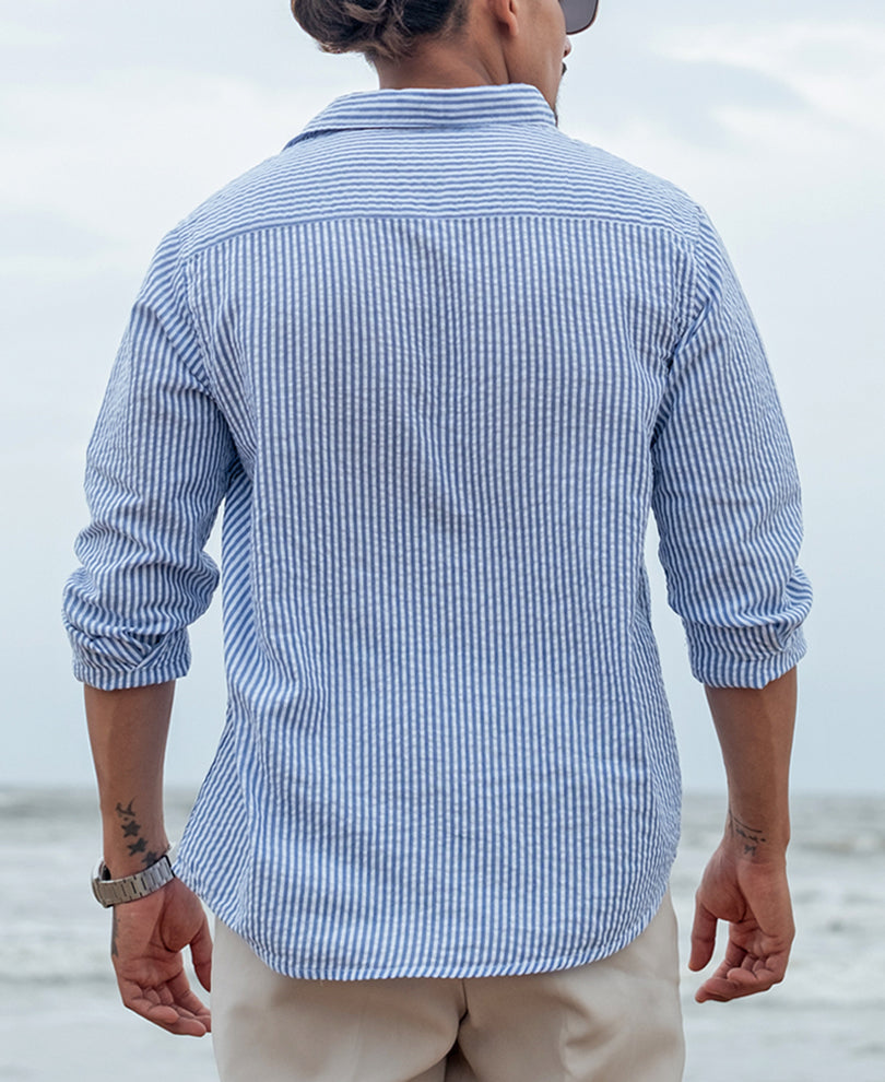 Blue and White Regular fit Striped Full Sleeves Shirt.