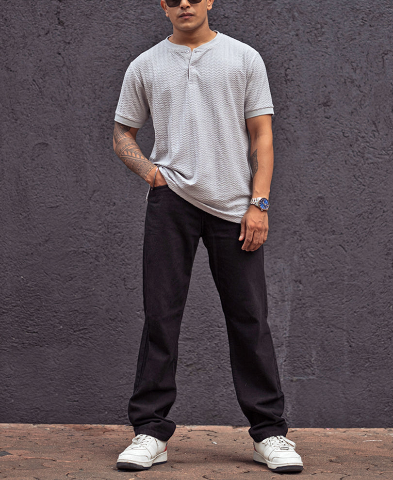 Grey Structured Regular Fit Half Sleeves T Shirt.