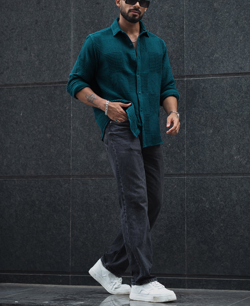 Teal Blue Waffle Structure Regular Fit Full Sleeves Shirt.