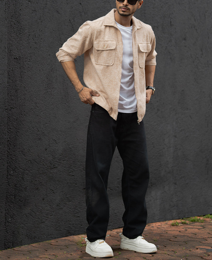 Dark Fawn Regular Fit Full Sleeves Shirt With Zip.