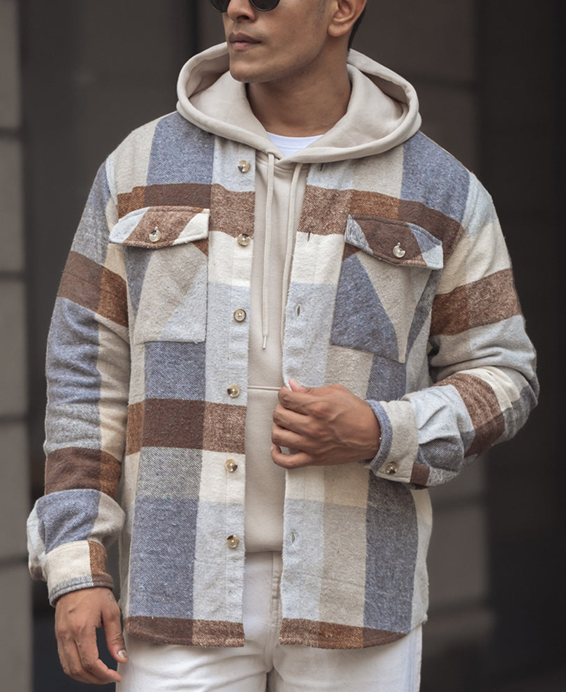 Beige Regular Fit Full Sleeve Shirt With Double Flap Pocket.