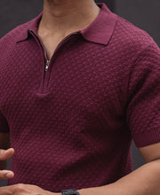 Wine Knitted Regular Fit Half Sleeves T-Shirt.