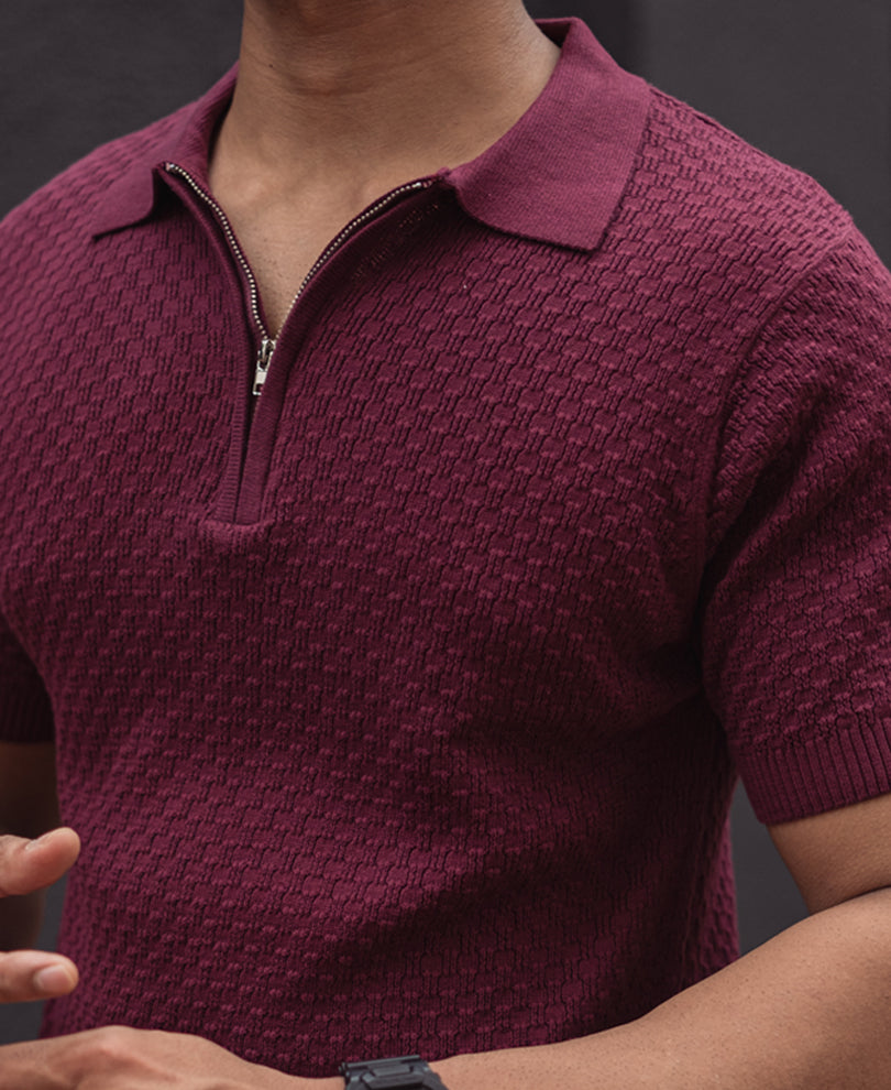 Wine Knitted Regular Fit Half Sleeves T-Shirt.