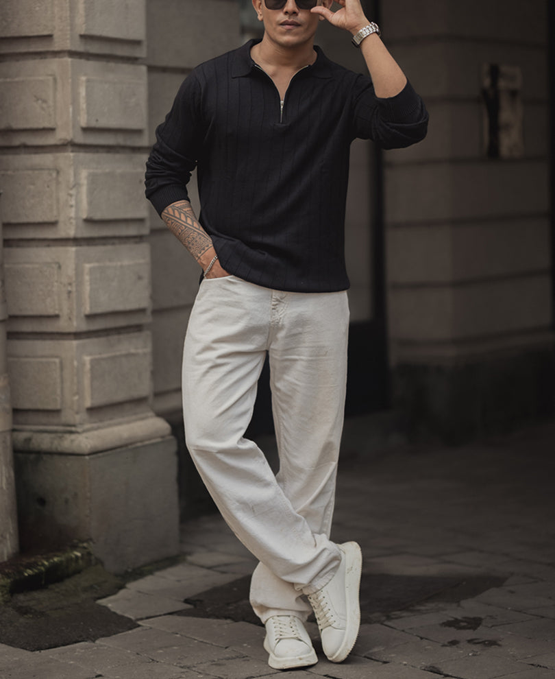 Black Knitted Regular Fit Full Sleeves T Shirt.