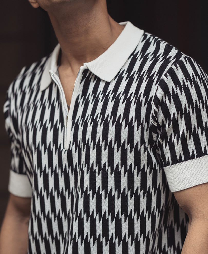 White and Black Knitted Regular Fit Half Sleeves Zipper T Shirt.
