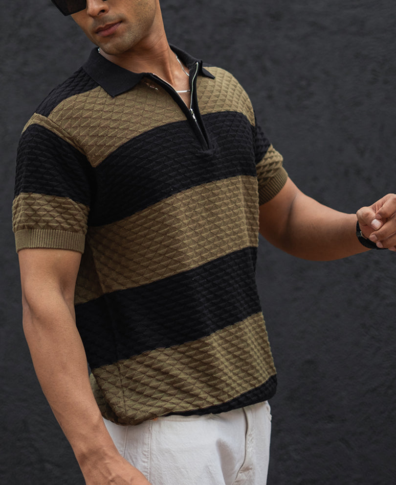 Olive Green and Black Structured Striped Regular Half Sleeves T Shirt.