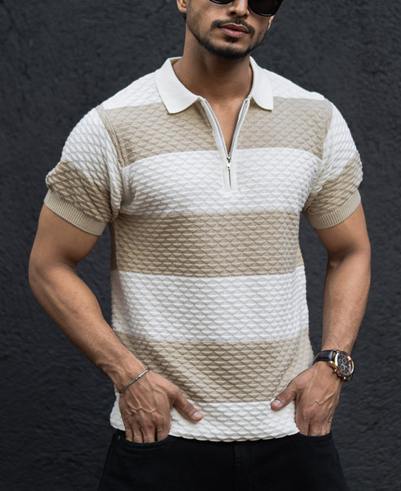 Off White Structured Striped Regular Half Sleeves T Shirt.