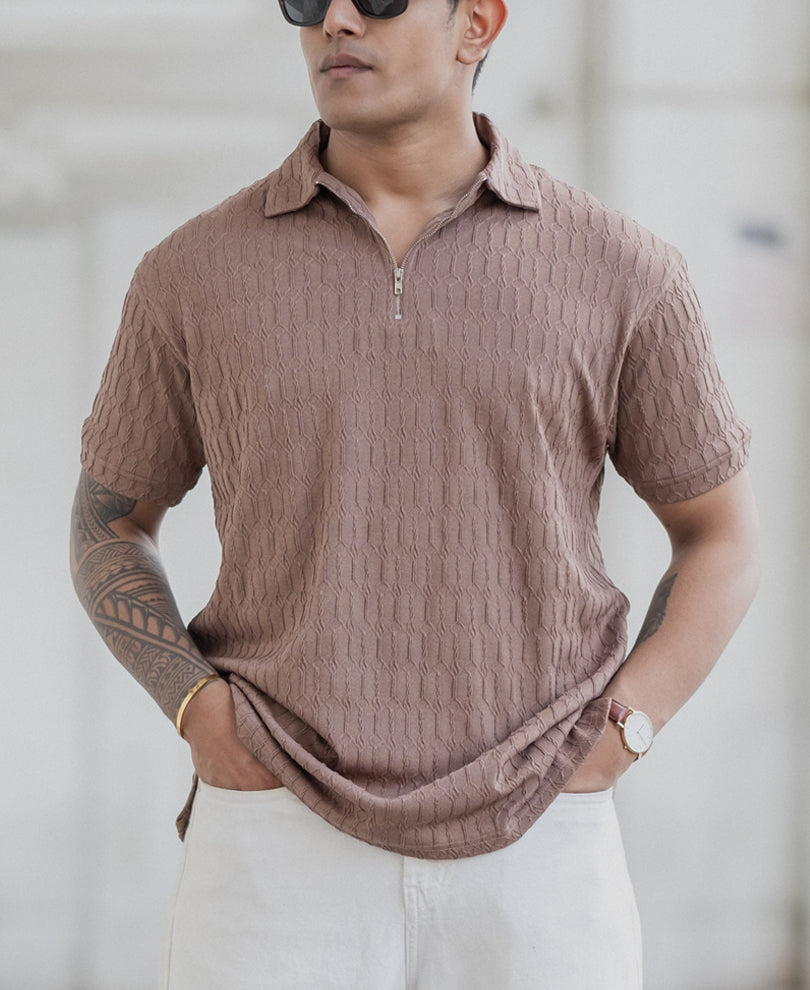 Dusty Brown Textured Polo T-Shirt.
