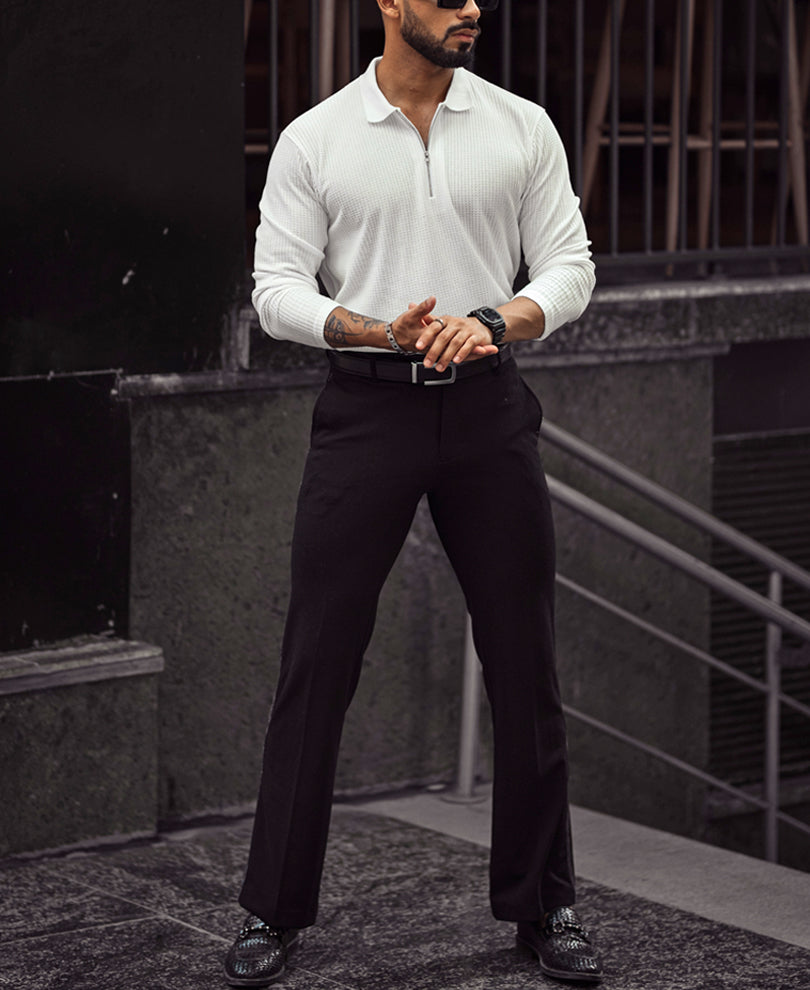 White Waffle Design Regular Fit Full Sleeve T-Shirt with Zipper.