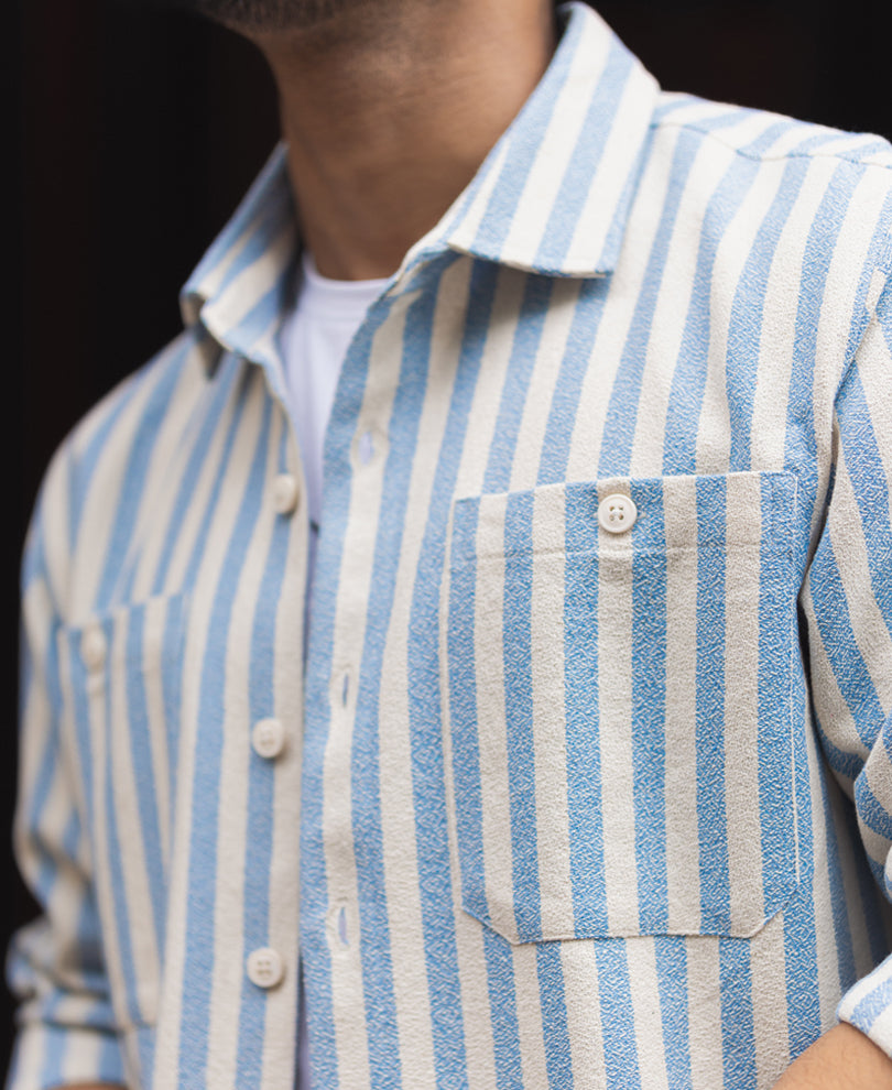 Blue And White Stripes Regular Fit Full Sleeves Shirt.
