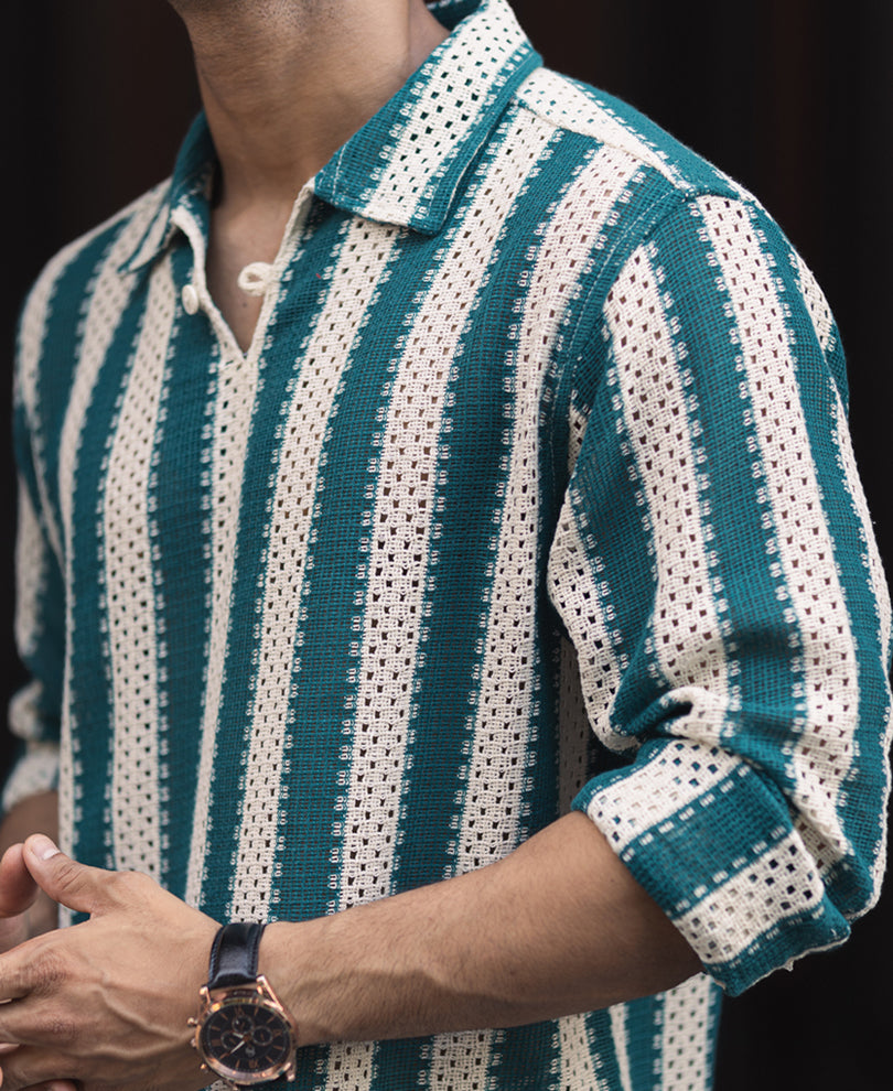 Sea Green and Off White Crochet Striped Regular Fit Full Sleeve Shirt.