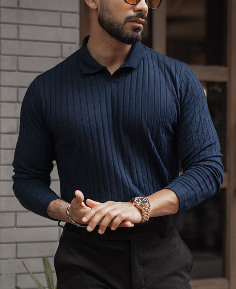 Navy Blue Regular Fit Full Sleeves T-Shirt.