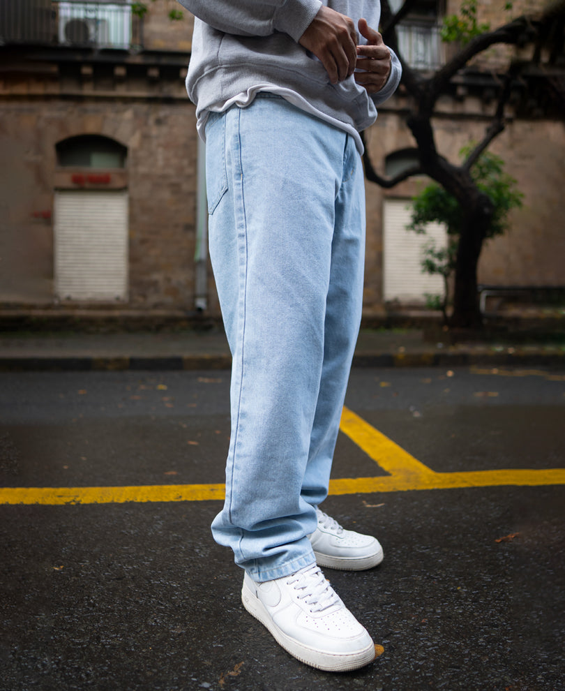 Ice Blue Basic Baggy Fit Denim Jeans.