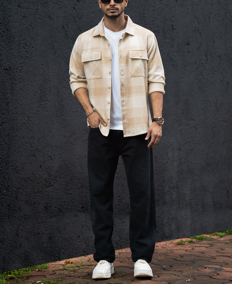 Light Beige Structured Regular Fit Full Sleeves Shirt.