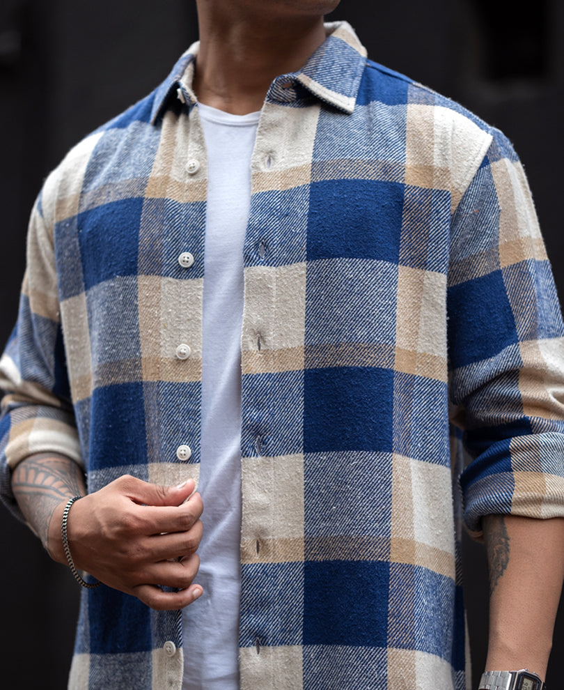 Blue And Off White Checked Regular Fit Full Sleeves Shirt.