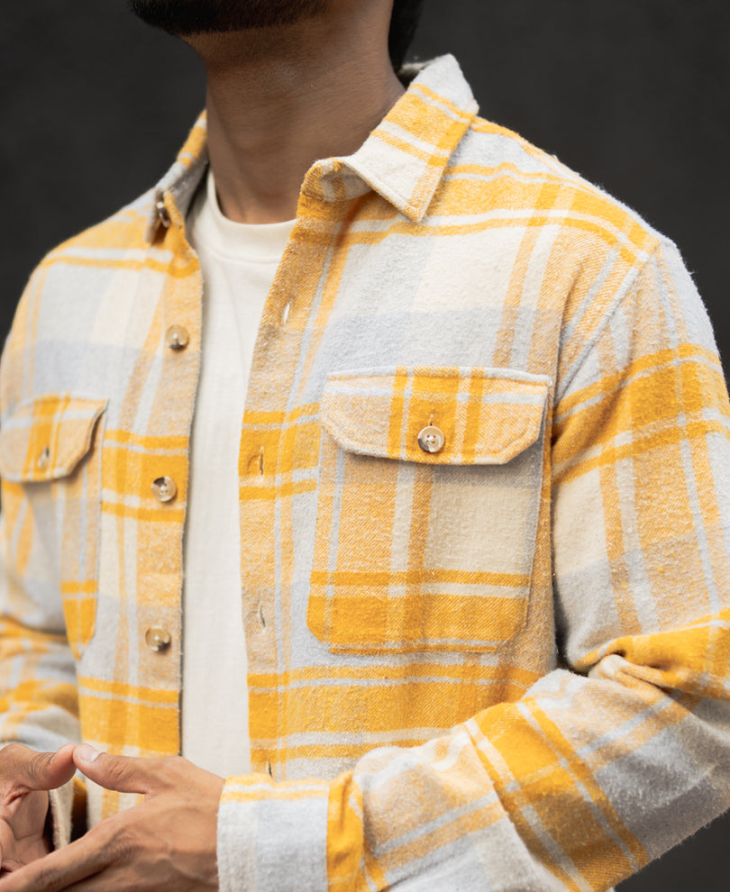 Mustard And Off-White Checks Regular Fit Full Sleeves Shirt.