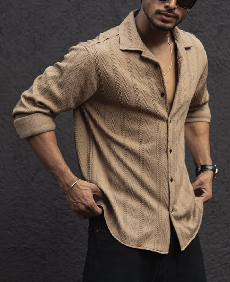 Beige Structured Regular Fit Shirt.