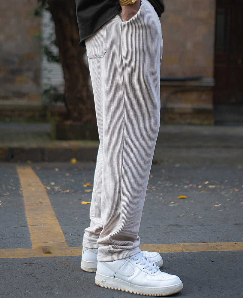 Light Beige Corduroy Regular Fit Track Pant.