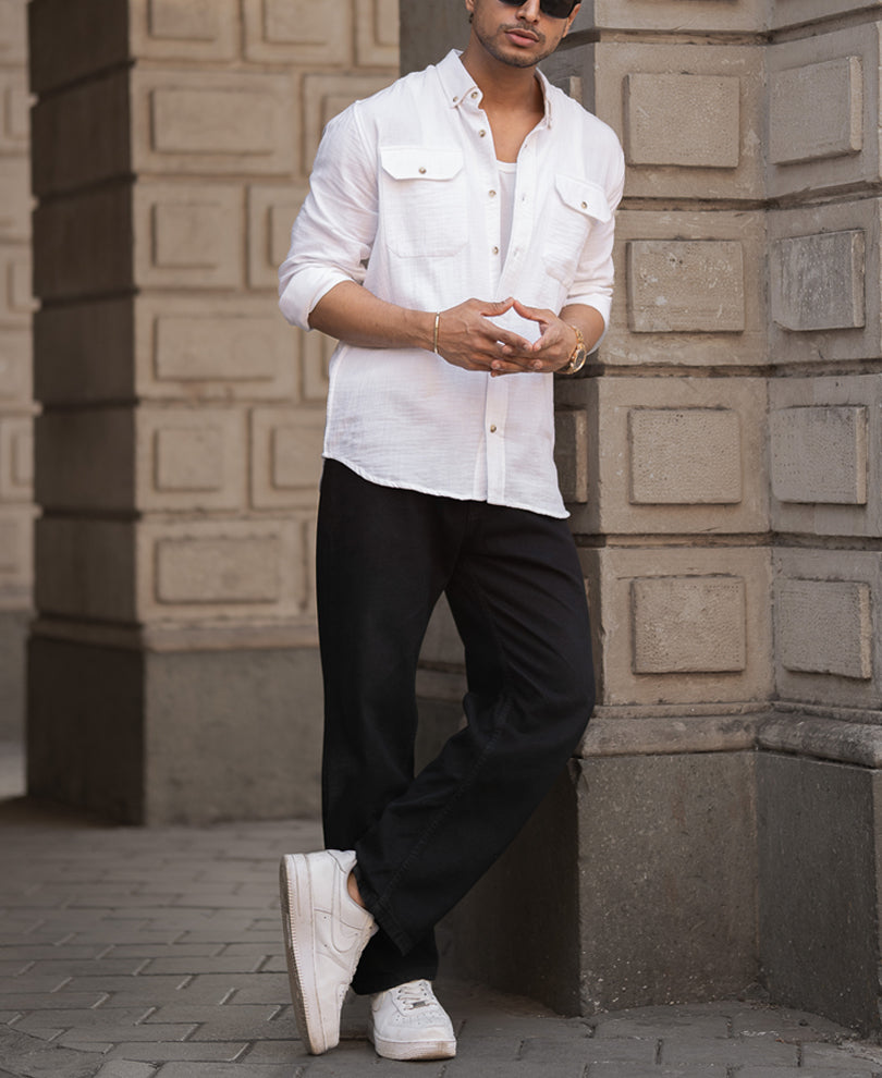 White Cotton Regular Fit Full Sleeves Shirt.