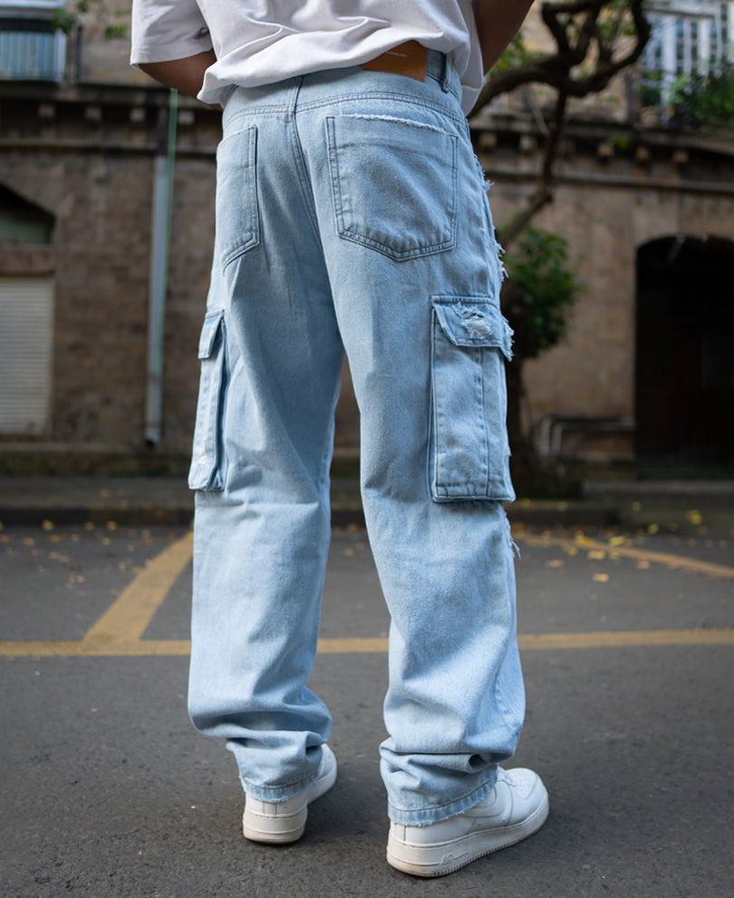 Ice Blue Baggy Fit Distressed Cargo Jeans.