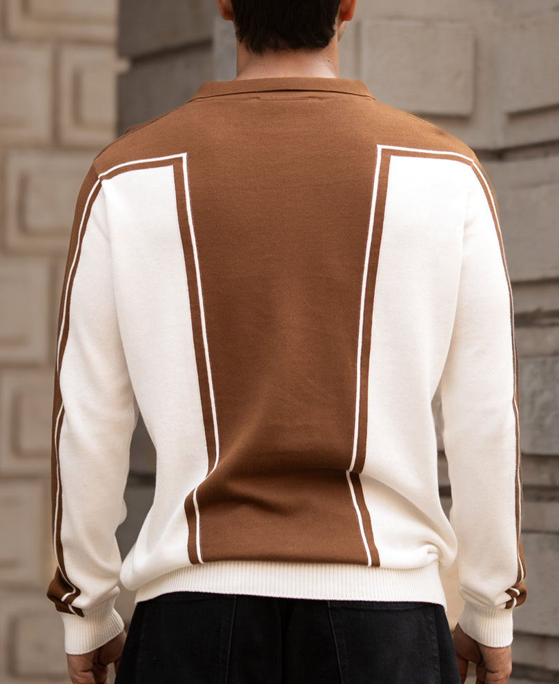 Brown-White Colour Blocked Polo T-Shirt.