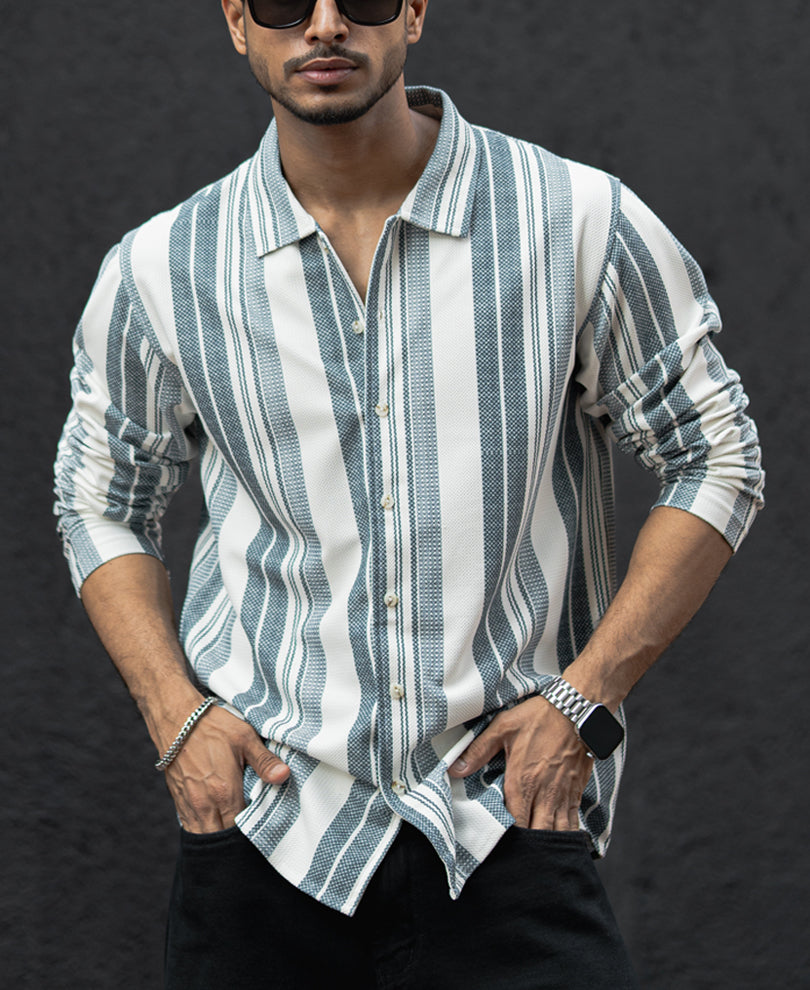 Off White And Blue Striped Regular Fit Full Sleeves Shirt.