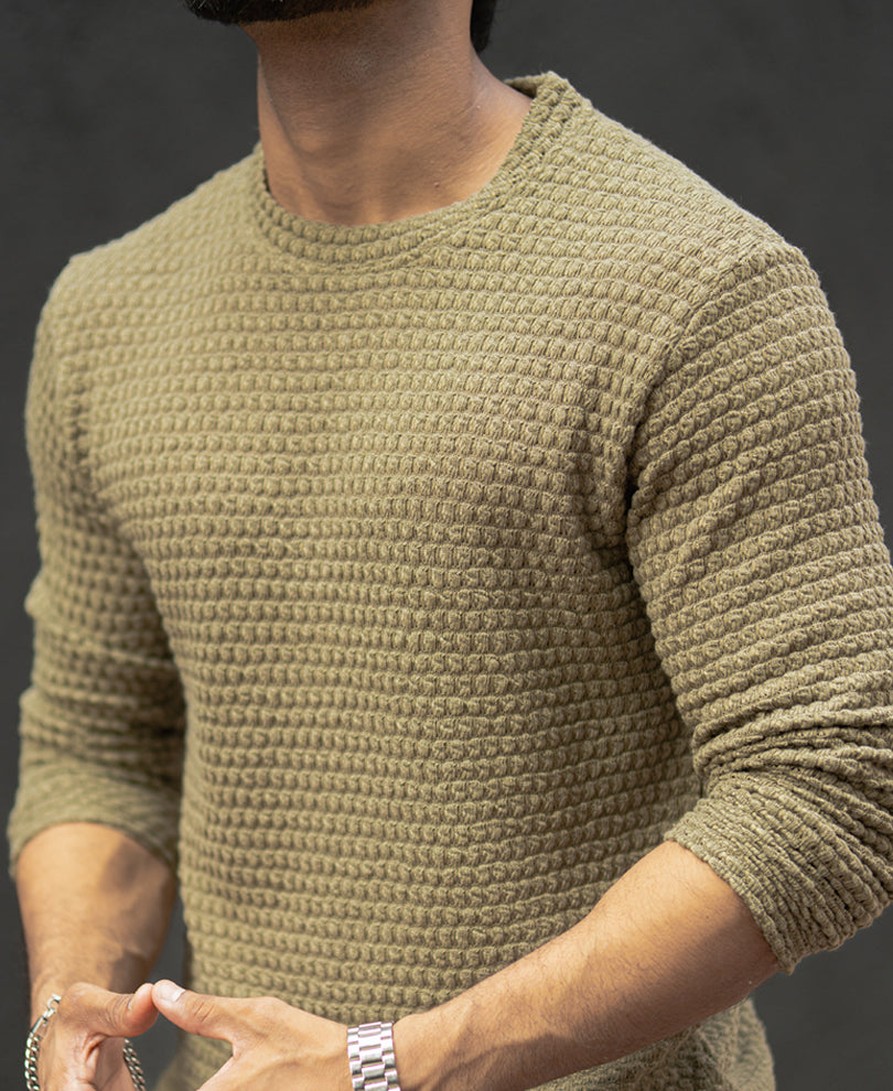 Olive Structured Regular Fit Full Sleeves T-Shirt.
