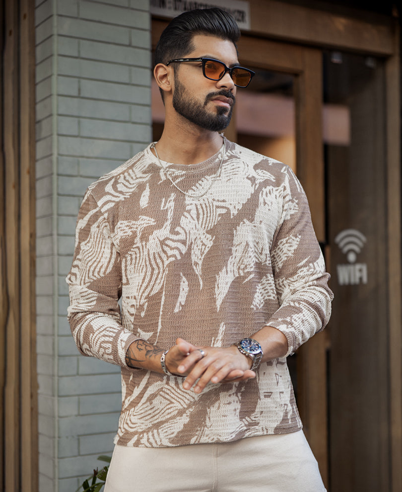 Off-White And Brown Regular Fit Printed Full Sleeves T-Shirt.