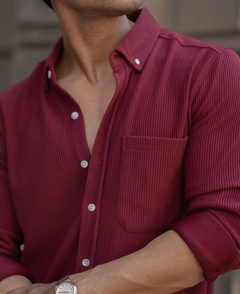 Maroon Corduroy Regular Full Sleeves Shirt.