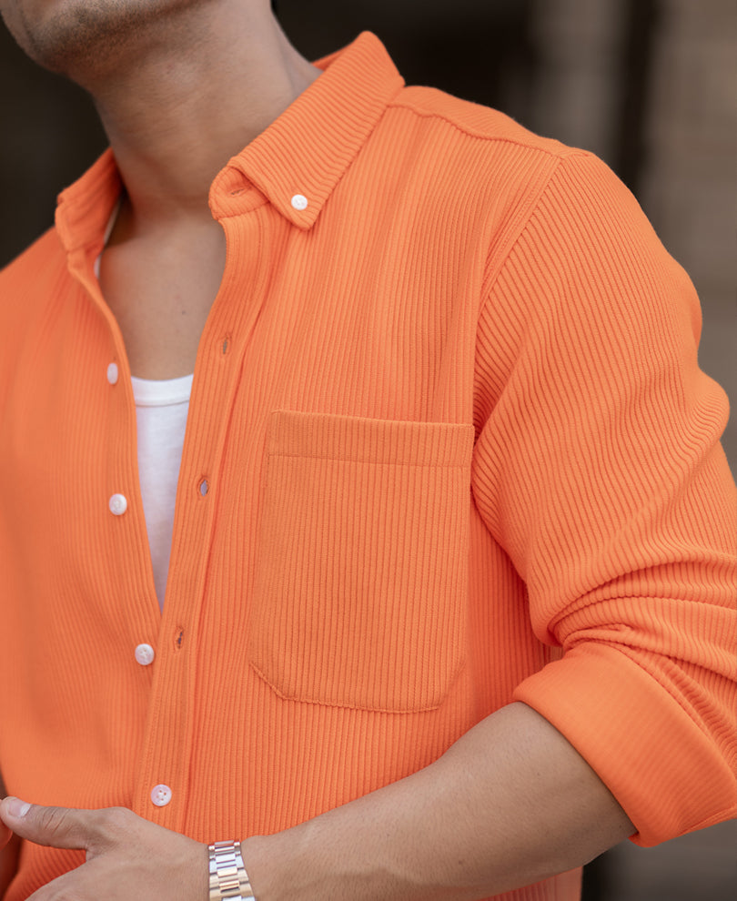 Orange Corduroy Regular Fit Full Sleeves Shirt.