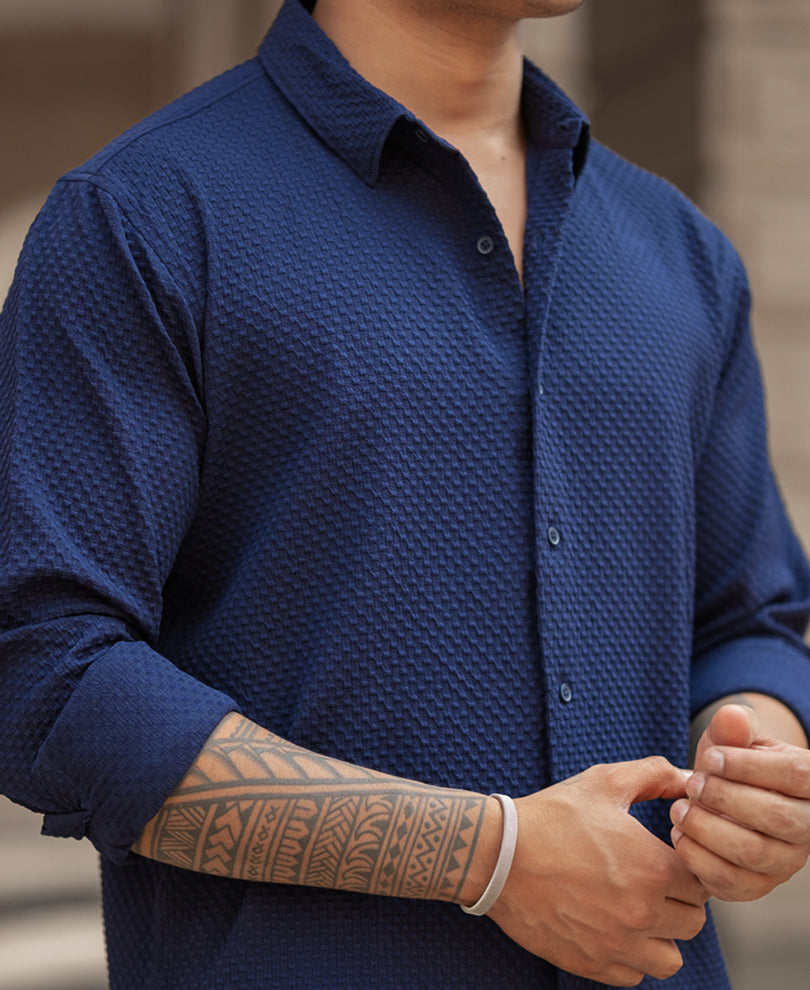 Navy Blue Structured Regular Fit Shirt.