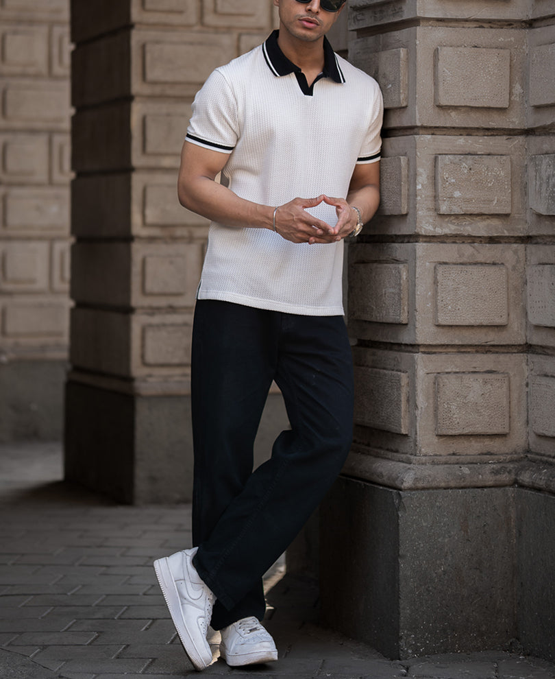 White Contrast Collar T-Shirt.