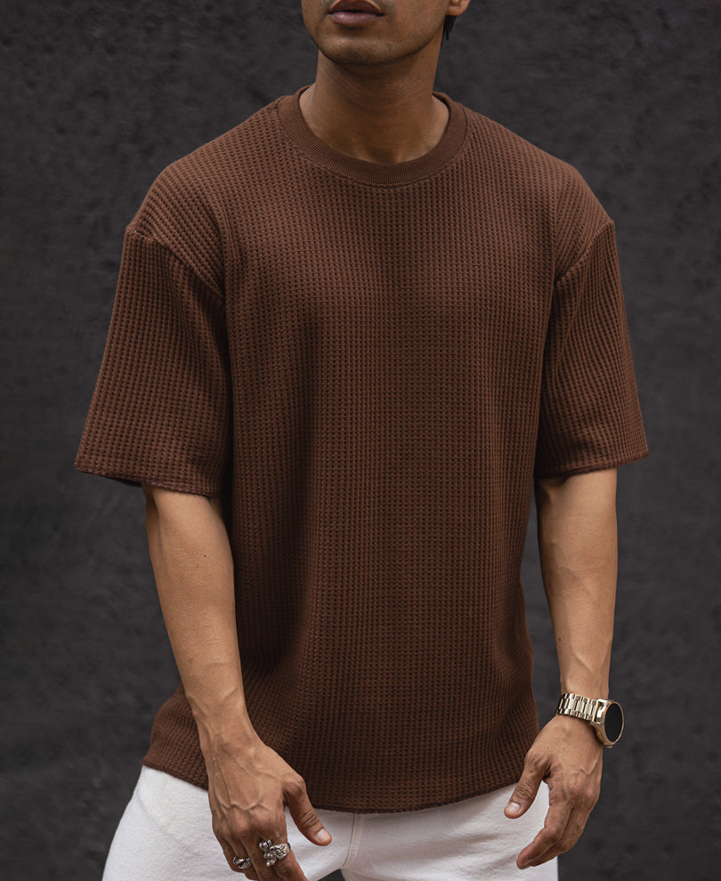 Brown Structured Oversized Half Sleeves T Shirt.