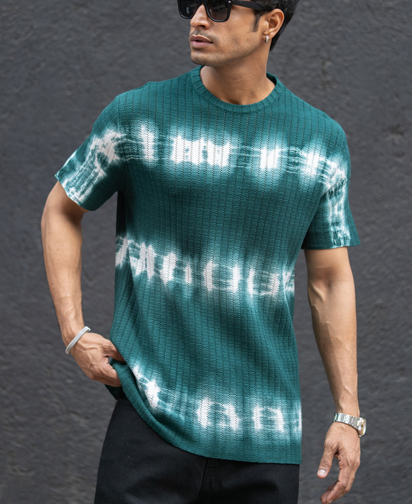 Dark Green Tie Dye Knit T-Shirt.