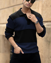 Blue Structured Knit Striped T-Shirt.