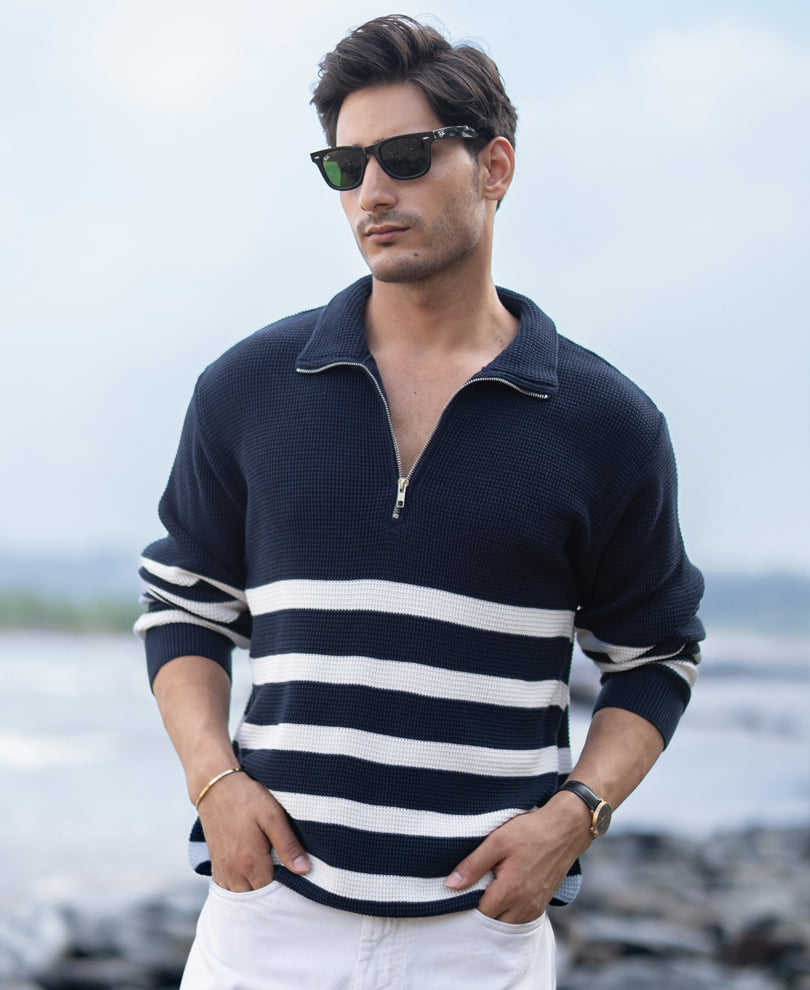 Navy Striped Zipper Neck T-Shirt.