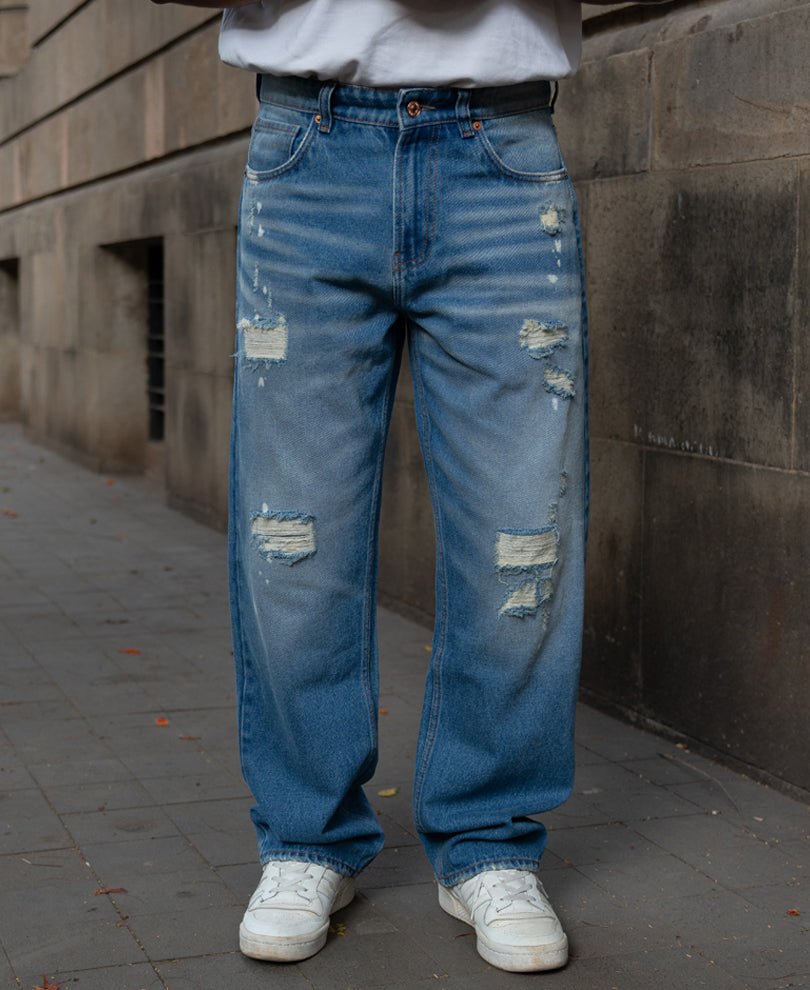 Mid Blue Distressed Baggy Jeans