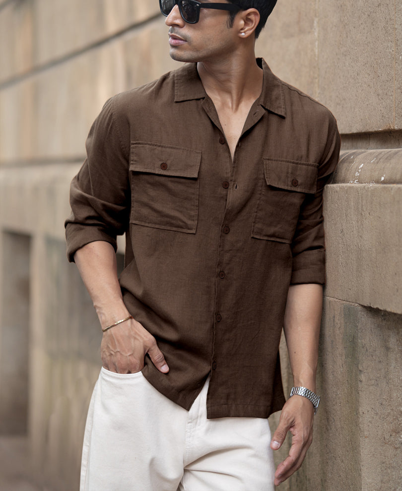 Brown Linen Double Pocket Shirt.