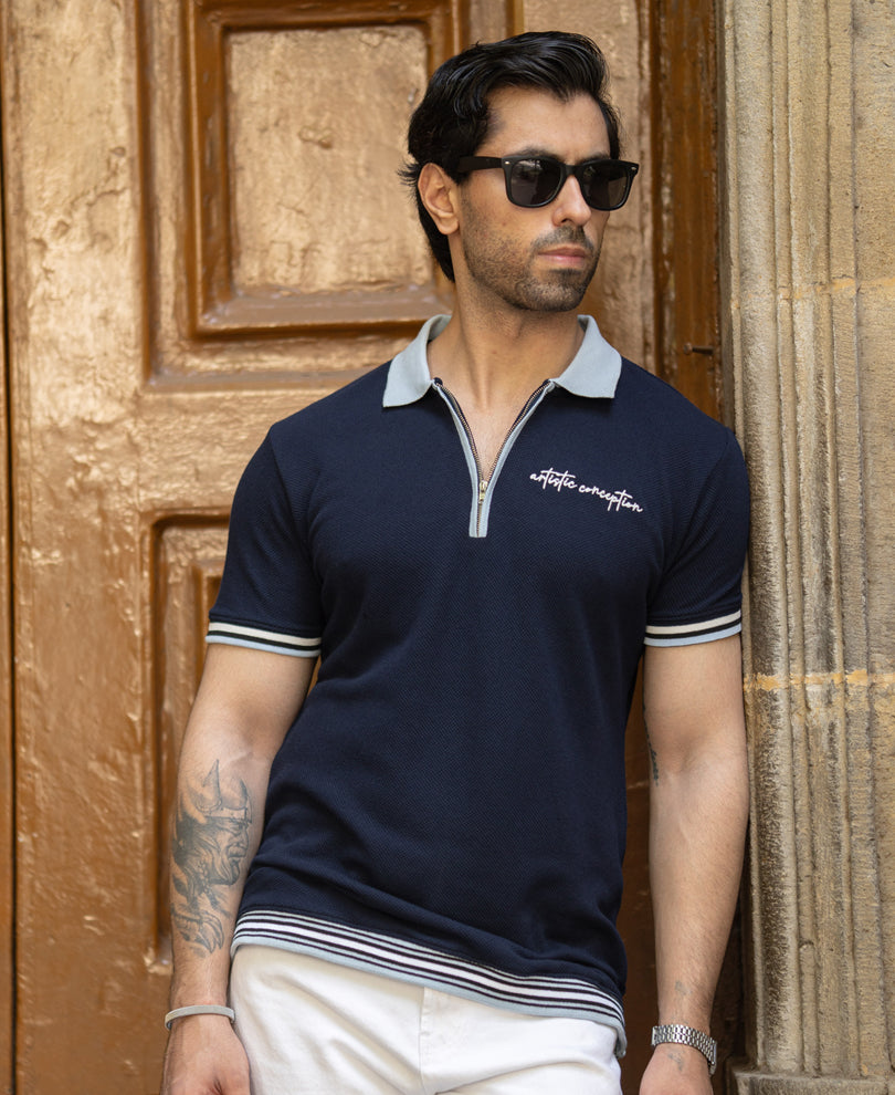 Navy Contrast Rib Detail T-Shirt