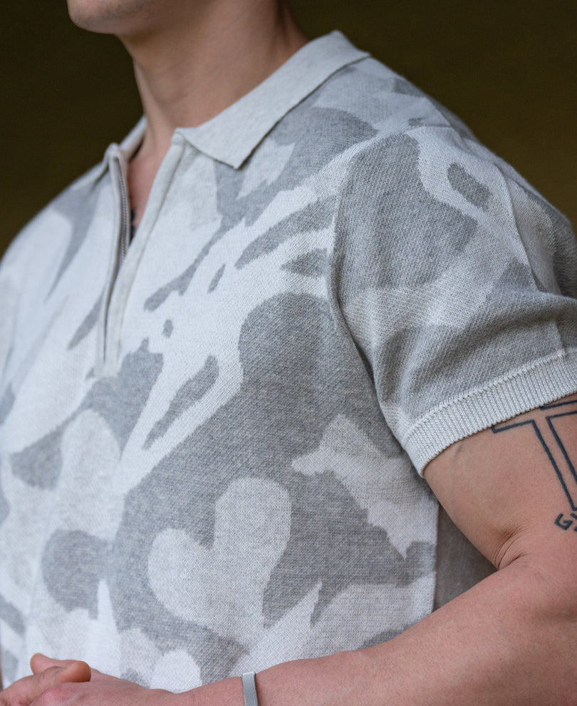 Grey Jacquard Knit T-Shirt 100% Cotton