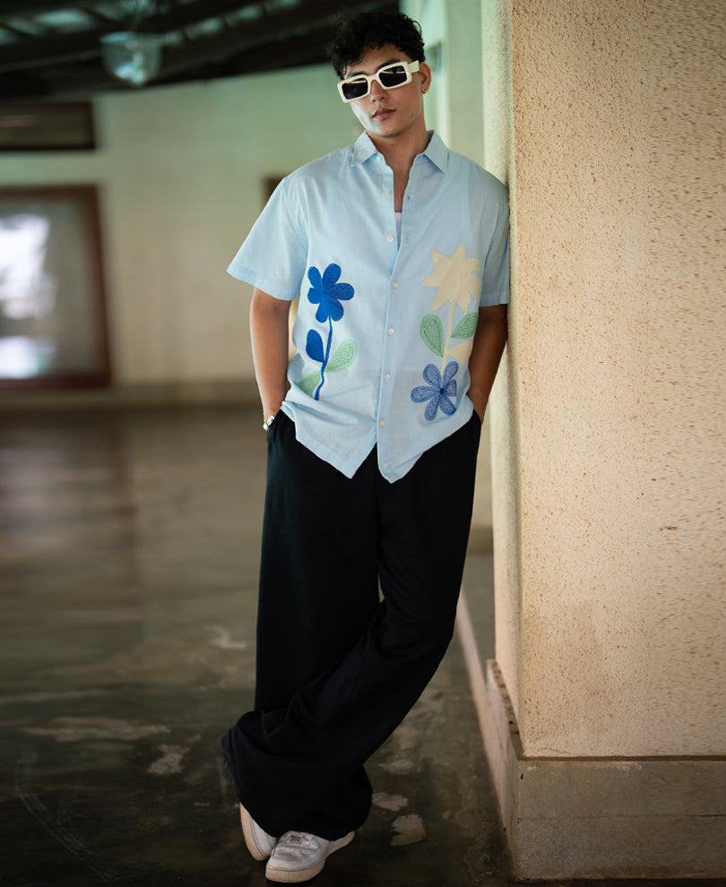 Blue Floral Embroidery Shirt 100% Cotton
