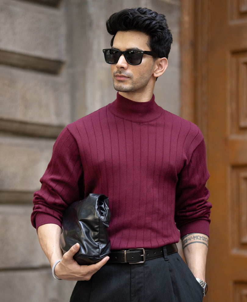 Wine High Neck Cotton Sweater 100% Cotton