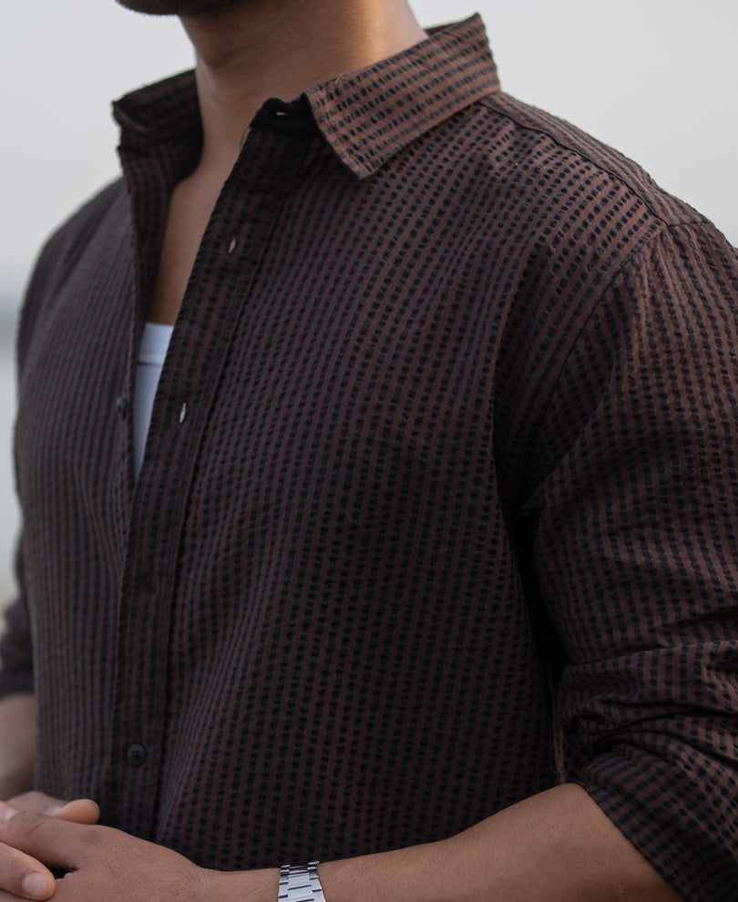 Brown Seer Sucker Stripe Shirt.