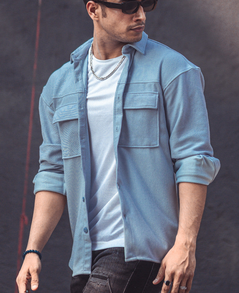 Sky Blue Chest Pocket Oversize Drop Shoulder Shirt.
