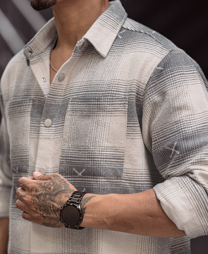 Grey and Off White Flannel Regular Fit Full Sleeves Shirt.