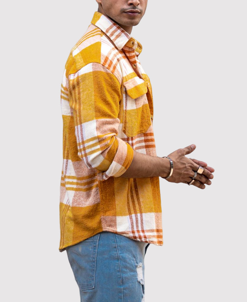Mustard Pocket Checks Oversize Drop Shoulder Shirt.